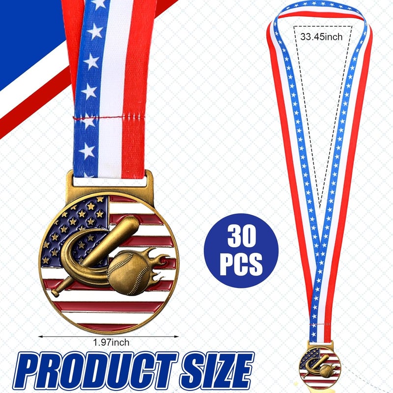 Loetere 30 Pieces Patriotic Medals Gold Medals Bulk Trophy with Neck Ribbons Spirit Medallion with Stars Stripes American Flag for Sports Trophy Participation Winner Gift - Image 2